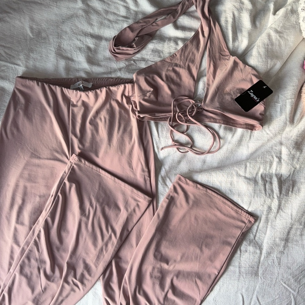 2 piece set, dusty pink halter neck tie top, wide leg flare bottom pants